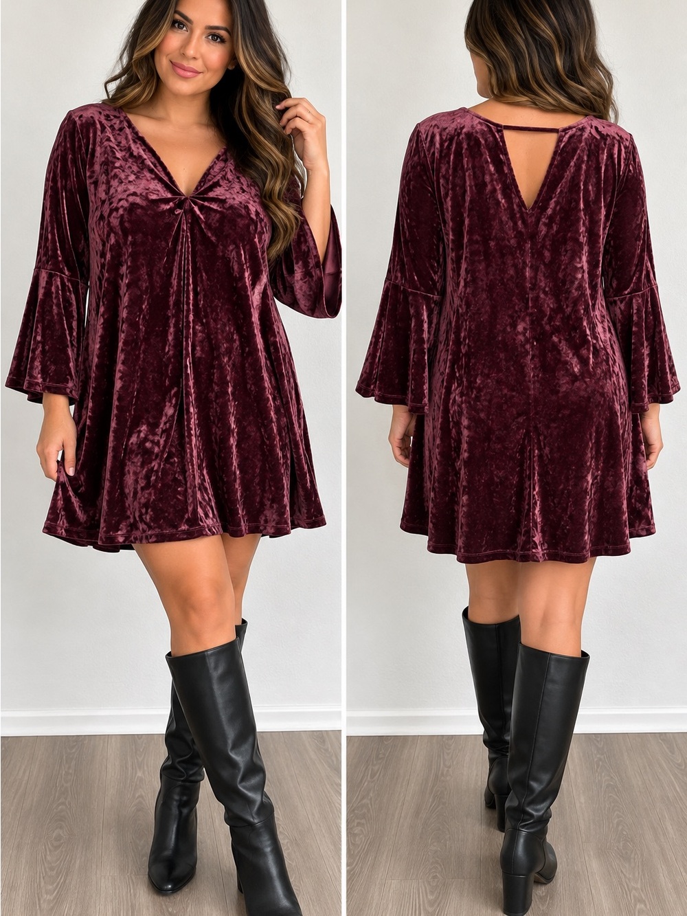 A.N.A Burgundy Crushed Velvet Bell Sleeve Dress XL Wine V-Neck Swing Dress